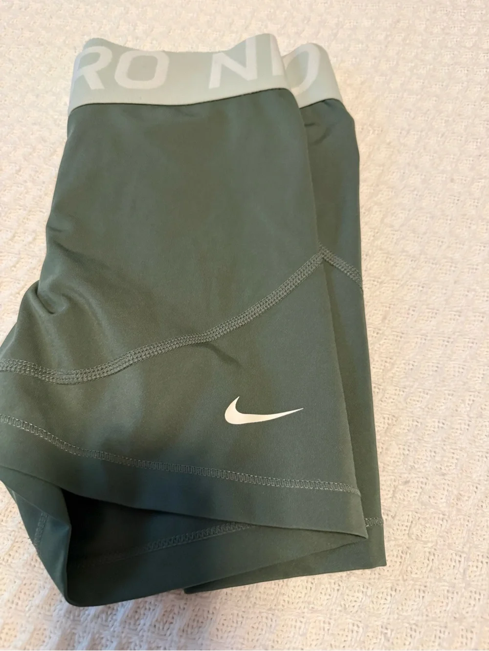 Nike Pro Olive Green Women's Training Shorts with White Logo Waistband